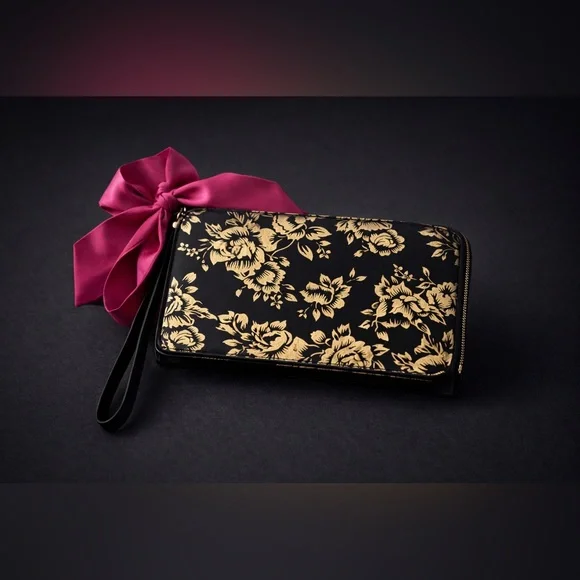 BETSEY JOHNSON Black and Gold Floral Print Wallet Wristlet - Picture 2 of 4